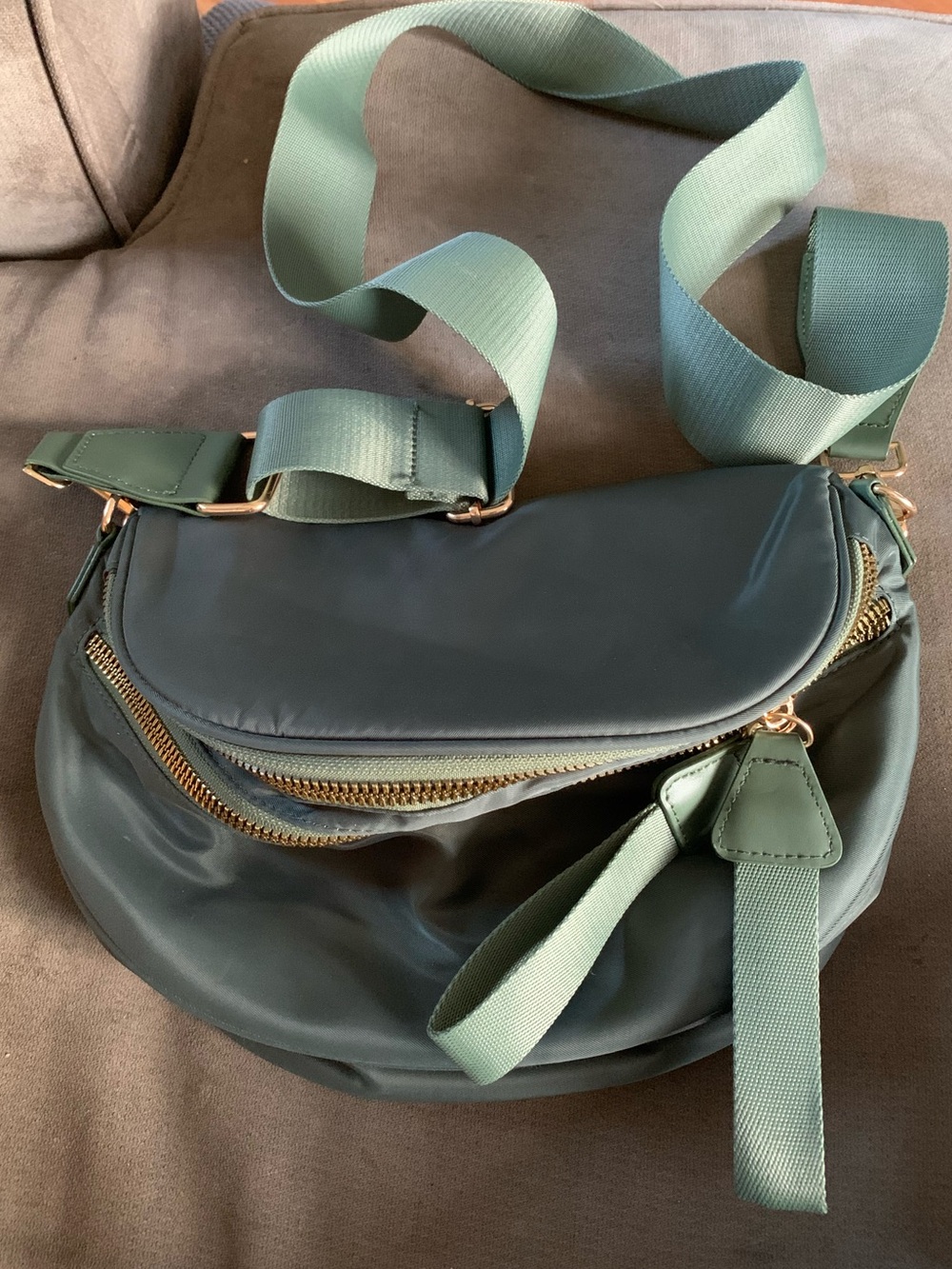 Sage Green Nylon Crossbody Bag with Gold Zippers